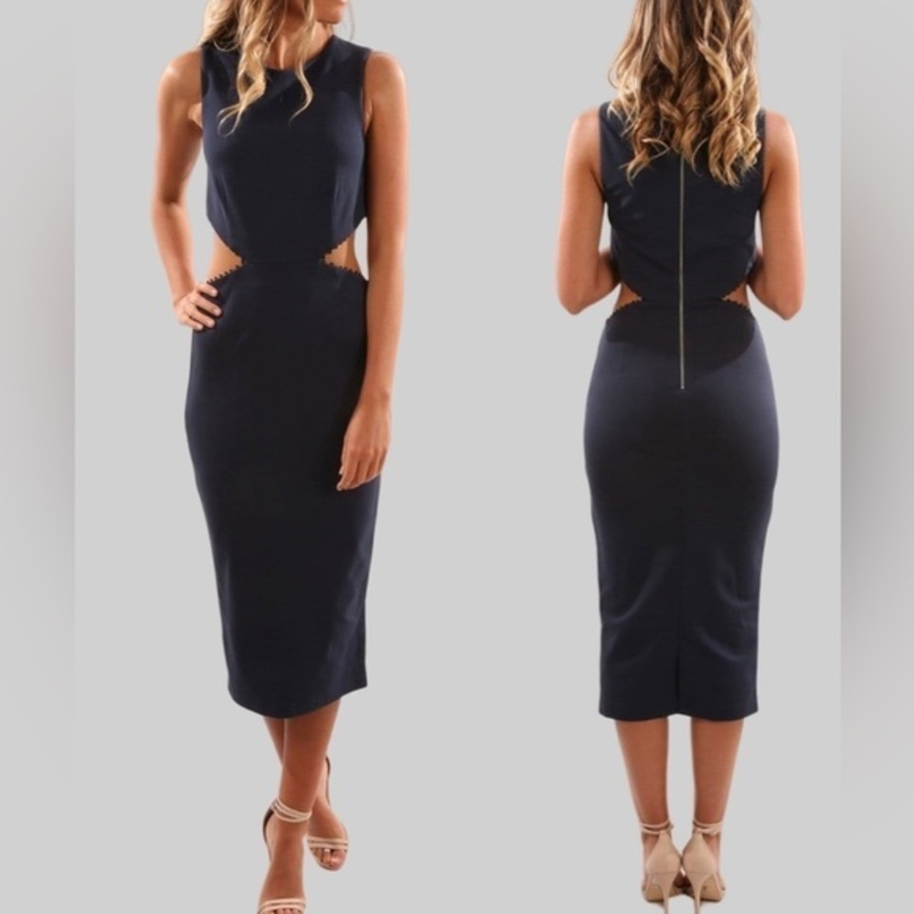 FINDERS KEEPERS NEW column thick midi dress with side waist cut outs